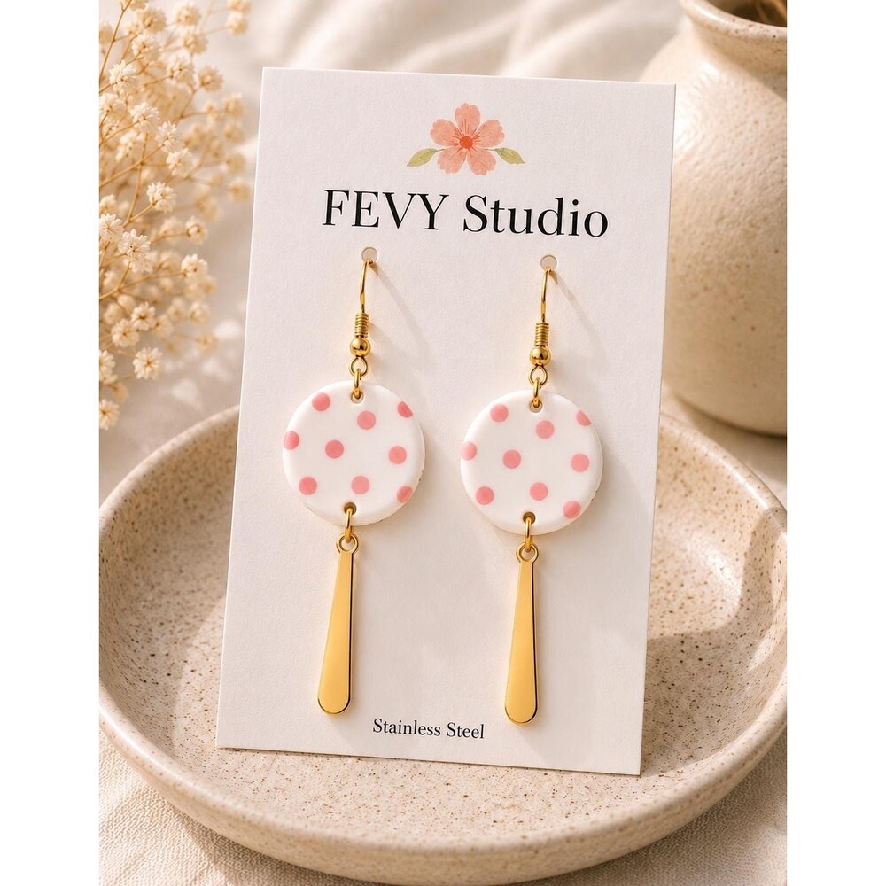 Pink Polka Dot Earrings, Polymer Clay Dangle, Handmade White & Gold Earrings